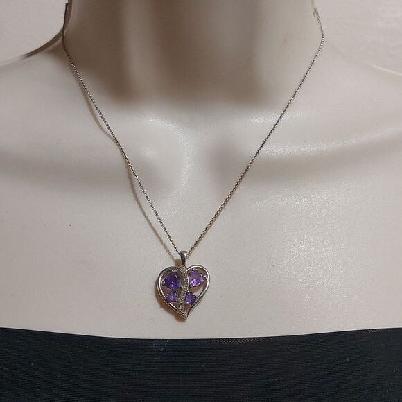 Amethyst And Diamond Heart Pendant Sterling Silver Necklace 925 PAM Italy - Picture 2 of 8